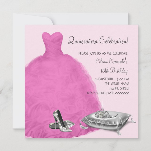 Rosa Boll Gown High Heel Shoes Rosa Quinceanera Inbjudningar (Framsida)