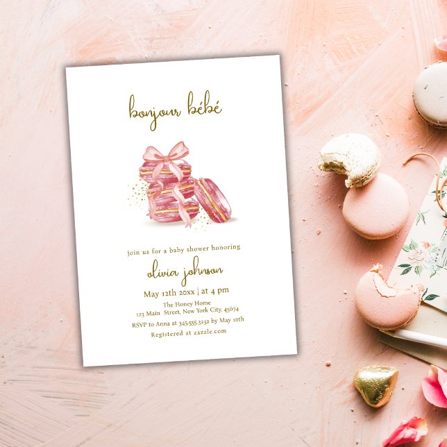 Rosa Bonjour Bébé Franska Macarons Baby Shower  Inbjudningar (Pink Bow Bonjour Bébé French Macarons Baby Shower Invitation)
