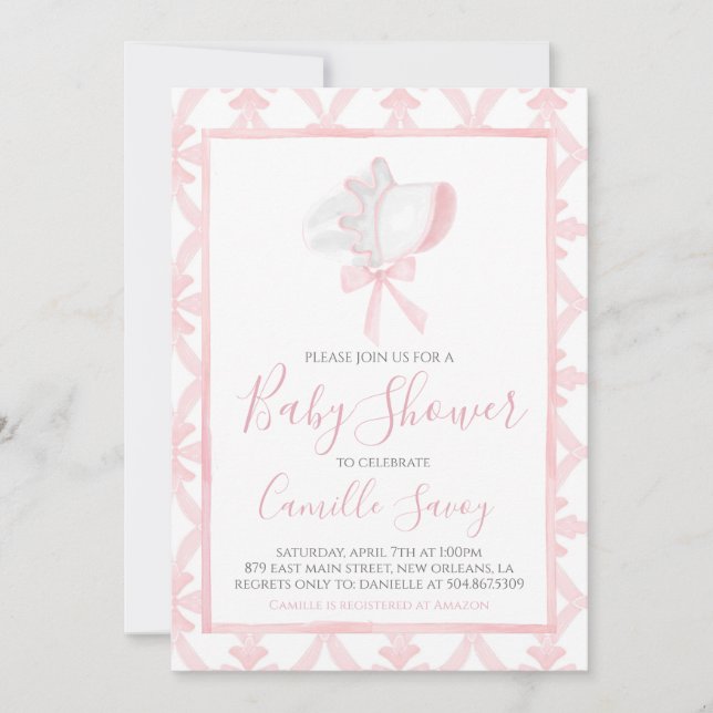 Rosa Bonnet Girl Baby Shower Preppy Southern Inbjudningar (Framsida)