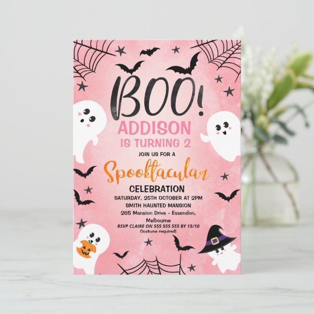 Rosa Boo Girls Halloween fest Birthday-inbjudan Inbjudningar (Stående Fram)