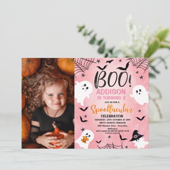 Rosa Boo Girls Halloween fest Photo Birthday Inbjudningar (Stående Fram)