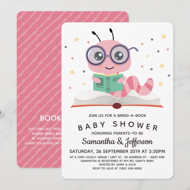 Rosa Bookworm Bok Baby Shower Inbjudningar (Fram/baksida)