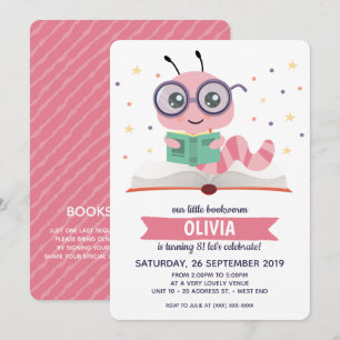 Rosa Bookworm Bok Födelsedagsfest inbjudan