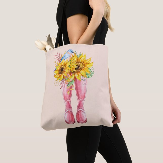 Rosa Boots, Blå fåglar och solblommor Tygkasse (Närbild)
