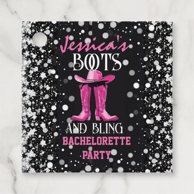 Rosa Boots och Bling Bachelorette Party Gåvor Etiketter (Framsida)