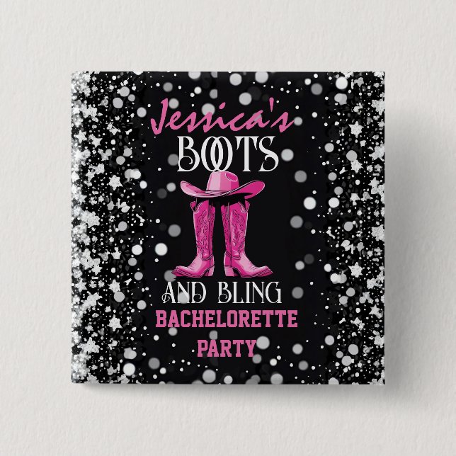 Rosa Boots och Bling Bachelorette Party Knapp (Framsida)