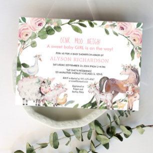Rosa Boskap blommigt Barnyard Girl Baby dusch Inbjudningar