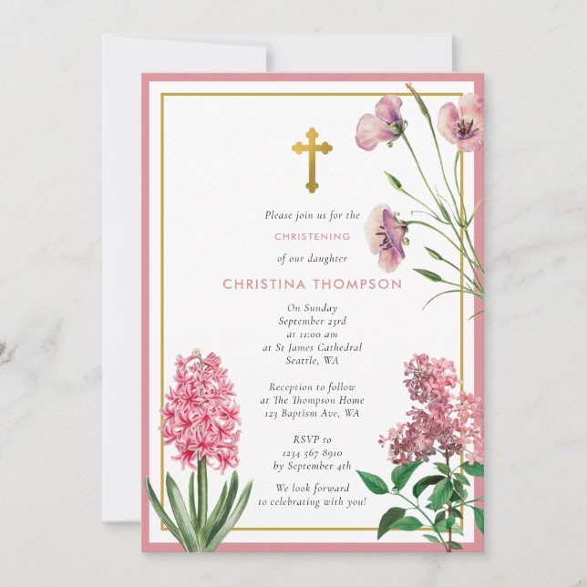 Rosa Botanical & Guld Baptism Christening Girl Inbjudningar (Framsida)