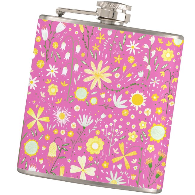 Rosa Botanical WildblomBlommigt Fickplunta (Pink, white and yellow modern floral pattern keepsake hip flask)