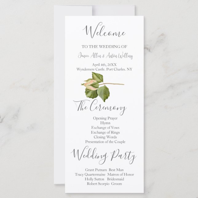  Rosa Botaniskt Bröllopsprogram (Framsida)