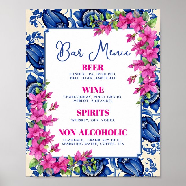 Rosa Bougainvillea Blå Kakel Barskylt Poster (Framsidan)
