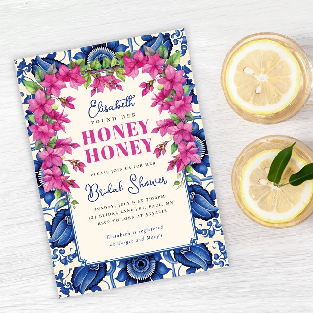 Rosa Bougainvillea Blå Kakel Bröllopsdusch Inbjudningar (Pink Bougainvillea Blue Tile Bridal Shower Invitation)