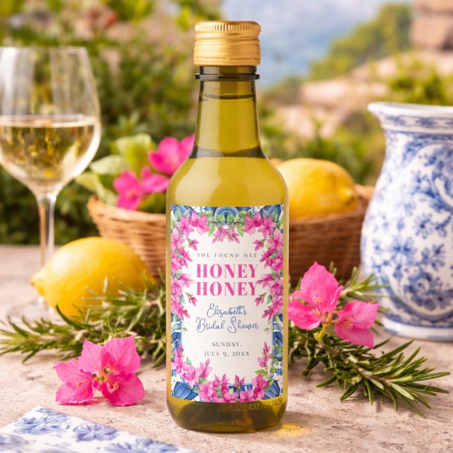 Rosa Bougainvillea Blå Kakel Bröllopsdusch Mini Vinetikett (Pink Bougainvillea Blue Tile Bridal Shower Wine Label)