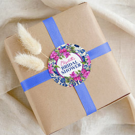 Rosa Bougainvillea Blå Kakel Bröllopsdusch Runt Klistermärke