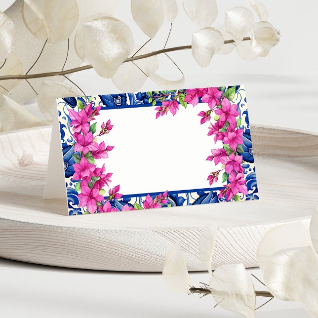Rosa Bougainvillea Blå Kakelplatta Placeringskort (Pink Bougainvillea Blue Tile Place Card)