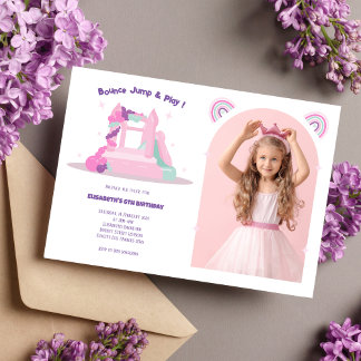 Rosa Bounhouse Castle Birthday Photo Inbjudningar
