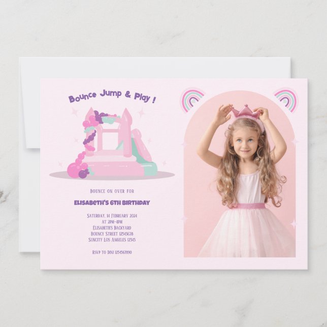 Rosa Bounhouse Castle Birthday Photo Inbjudningar (Framsida)