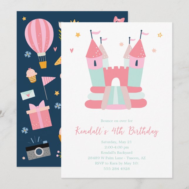 Rosa Bounhus Födelsedagsfest inbjudan (Fram/baksida)