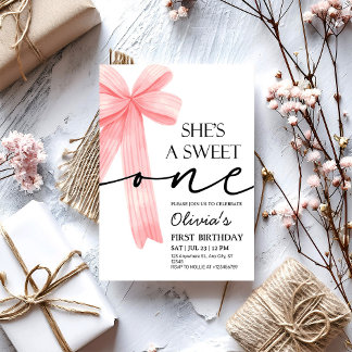 Rosa Bow 1:a födelsedag Inbjudningar