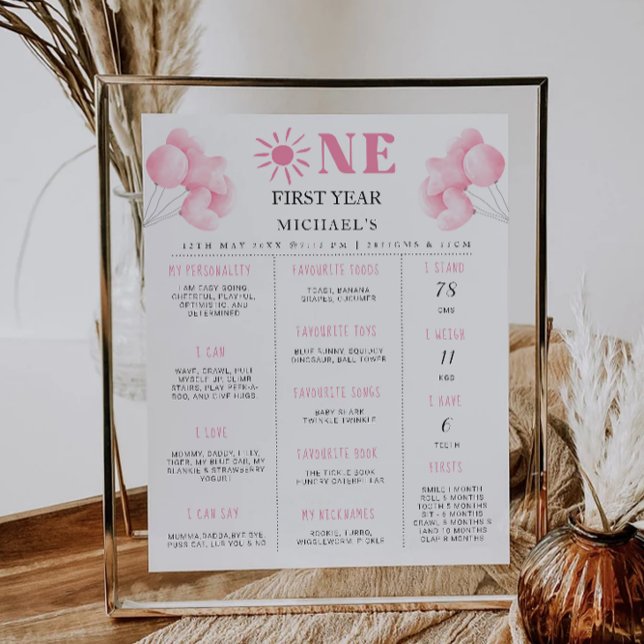Rosa Bow 1:a födelsedag Mlestone Board Poster (Pink Bow 1st Birthday Milestone Board Poster)