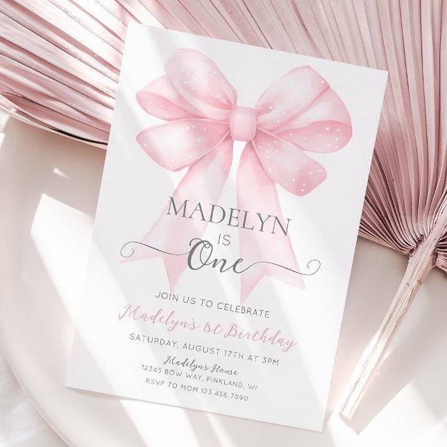 Rosa Bow 1:a födelsedagsinbjudan, enkel flicka Inbjudningar (Pink coquette bow first birthday invitation)