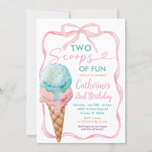 Rosa Bow 2 Scoops Roligt Birthday Girl Ice Cream Inbjudningar