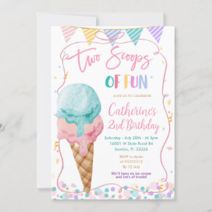 Rosa Bow 2 Scoops Roligt Birthday Ice Cream Inbjudningar