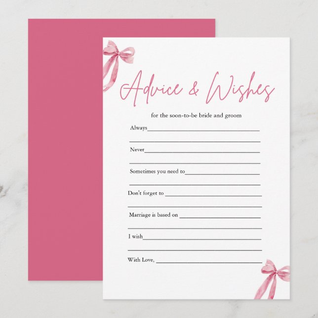 Rosa Bow Advice och Önskemål Möhippa Game Inbjudningar (Fram/baksida)