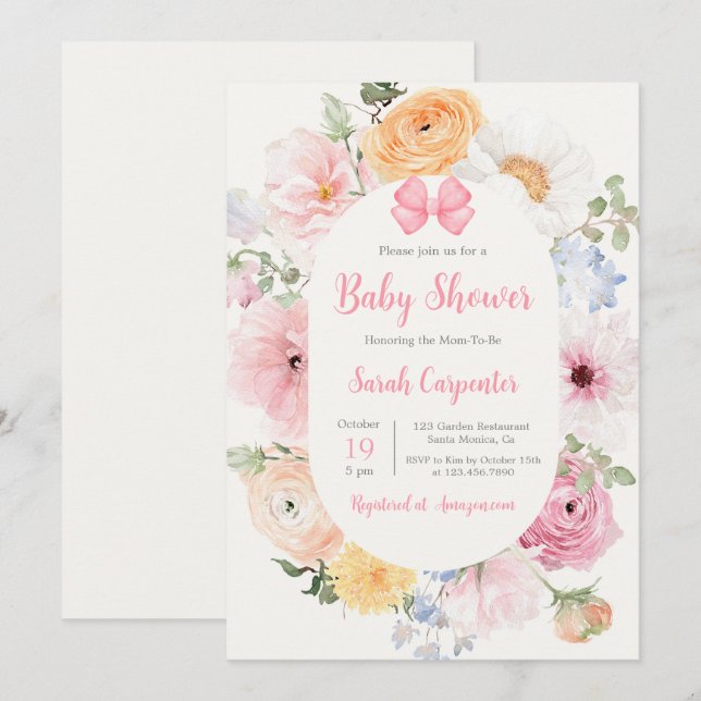 Rosa Bow and Blommigt Baby Shower Girl Inbjudningar (Fram/baksida)