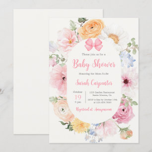 Rosa Bow and Blommigt Baby Shower Girl Inbjudningar
