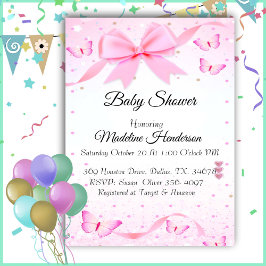 Rosa Bow and Butteries Girl Baby Shower Inbjudningar