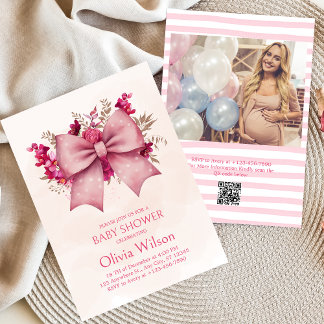 Rosa Bow and söt blommigt Baby Shower-inbjudan Inbjudningar