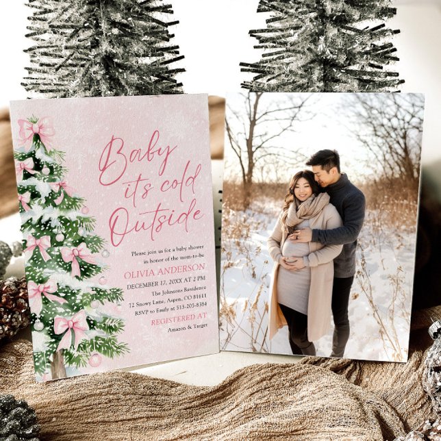 Rosa Bow Baby Det är Kall utanför babyskabusen Inbjudningar (Skapare uppladdad)