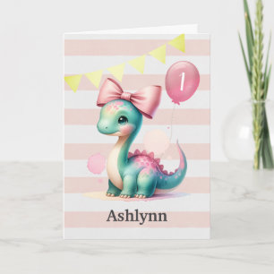 Rosa Bow Baby Dinosaur 1:a födelsedagskort Kort
