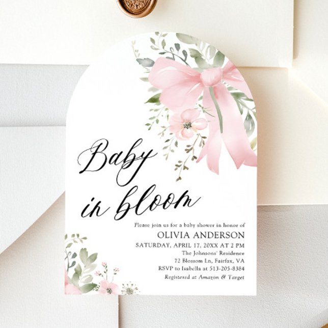 Rosa Bow Baby i Blommigtens babystödraster för blo Inbjudningar (Watercolor Pink Bow Baby in Bloom Floral Girl Arch Baby Shower Invitation)
