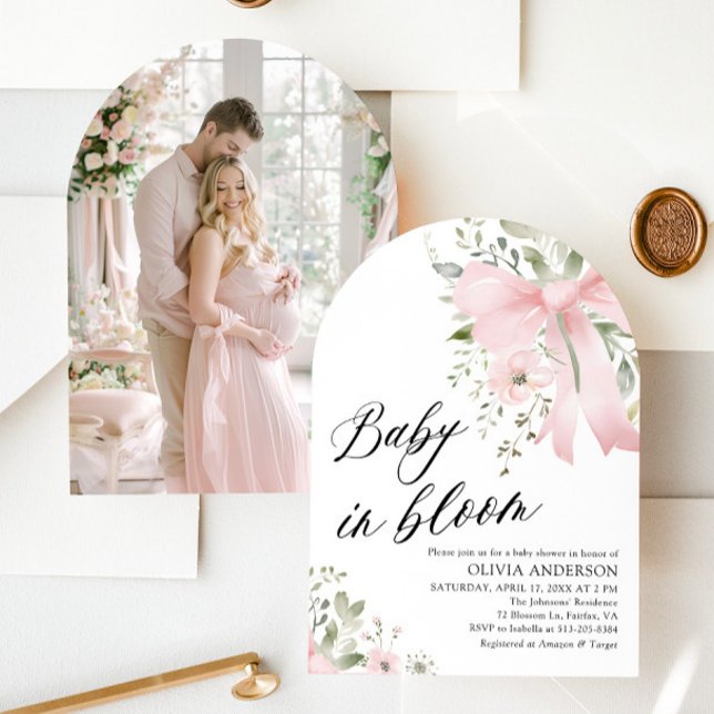 Rosa Bow Baby i Blommigtens babystödraster för blo Inbjudningar (Watercolor Pink Bow Baby in Bloom Floral Girl Arch Baby Shower Invitation)
