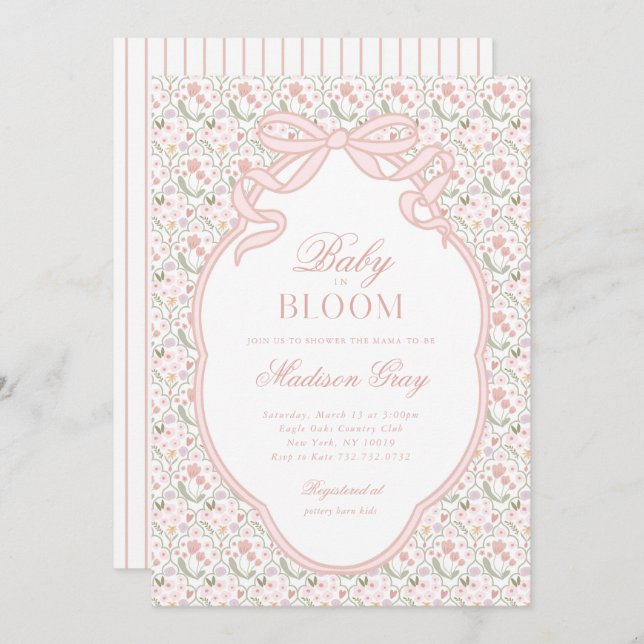 Rosa Bow Baby i Bloom Baby Shower-inbjudan Inbjudningar (Fram/baksida)