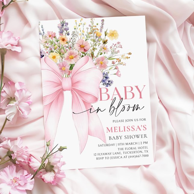 Rosa Bow Baby i Bloom Baby Shower-inbjudan Inbjudningar (Skapare uppladdad)