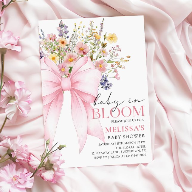 Rosa Bow Baby i Bloom Baby Shower-inbjudan Inbjudningar (Skapare uppladdad)