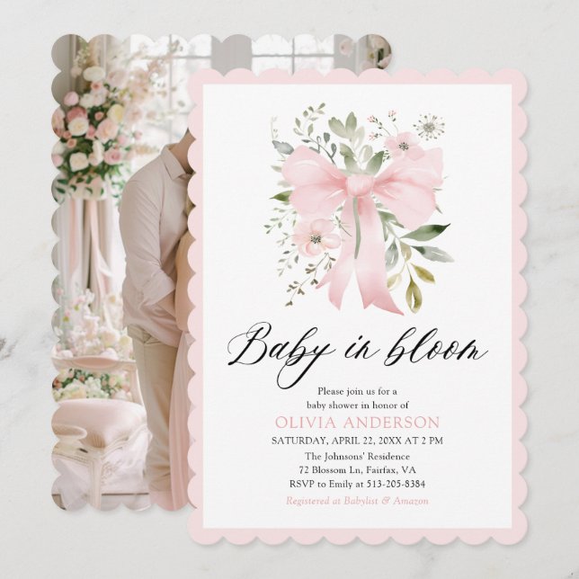 Rosa Bow Baby i Bloom Blommigt Girl Baby Shower Inbjudningar (Fram/baksida)
