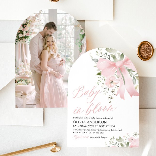 Rosa Bow Baby i Bloom Blommigt Girl Baby Shower Inbjudningar (Pink Bow Floral Baby in Bloom Girl Baby Shower Arched Invitation)