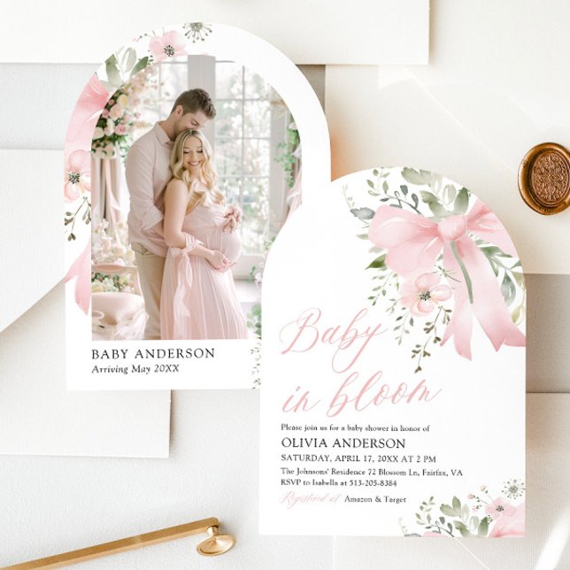 Rosa Bow Baby i Bloom Blommigt Girl Baby Shower Inbjudningar (Pink Bow Floral Baby in Bloom Girl Baby Shower Arched Invitation)