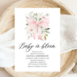 Rosa Bow Baby i Bloom Blommigt Girl Baby Shower Inbjudningar