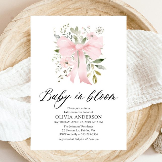Rosa Bow Baby i Bloom Blommigt Girl Baby Shower Inbjudningar (Blush Pink Bow Baby in Bloom Floral Girl Baby Shower Invitation)