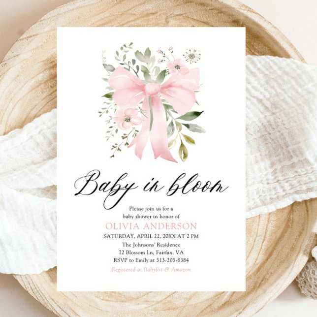 Rosa Bow Baby i Bloom Blommigt Girl Baby Shower Inbjudningar (Blush Pink Bow Floral Baby in Bloom Girl Baby Shower Invitation)