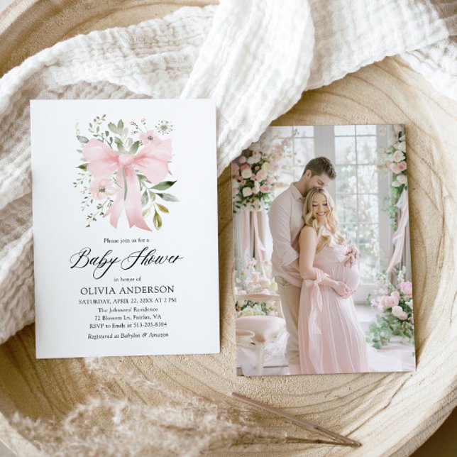 Rosa Bow Baby i Bloom Blommigt Girl Baby Shower Inbjudningar (Blush Pink Bow Floral Girl Baby Shower Invitation)