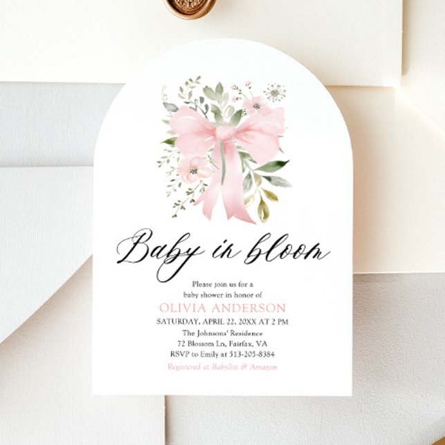 Rosa Bow Baby i Bloom Blommigt Girl Baby Shower Inbjudningar (Blush Pink Bow Floral Baby in Bloom Girl Baby Shower Arched Invitation)