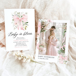Rosa Bow Baby i Bloom Blommigt Girl Baby Shower Inbjudningar