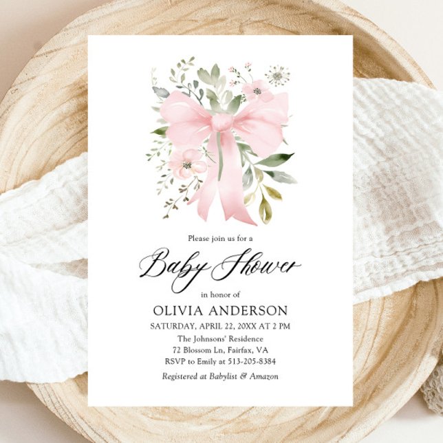 Rosa Bow Baby i Bloom Blommigt Girl Baby Shower Inbjudningar (Blush Pink Bow Floral Girl Baby Shower Invitation)