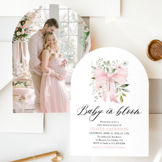 Rosa Bow Baby i Bloom Blommigt Girl Baby Shower Inbjudningar (Blush Pink Bow Floral Baby in Bloom Girl Baby Shower Arched Invitation)